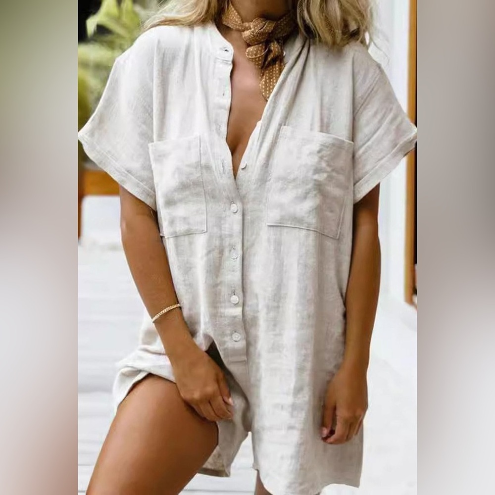 White Button Down Boxy Short Sleeve Romper